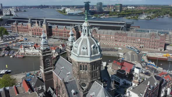 Circling Top of Basilica of Saint Nicholas, Amsterdam, Aerial Drone alt