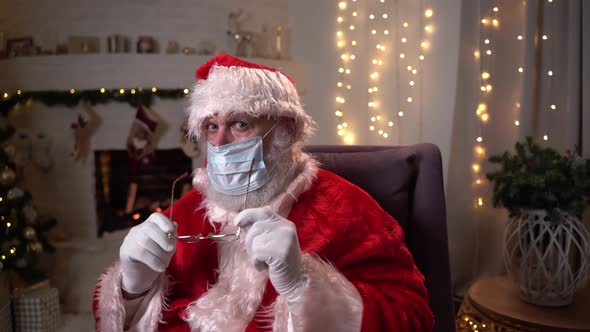 Funny Santa Claus in a Protective Medical Mask Sitting in a Chair By the Fireplace and Christmas