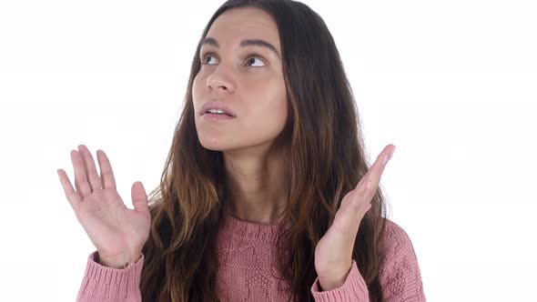 Afraid and Confused Scared Latin Woman, White Background alt