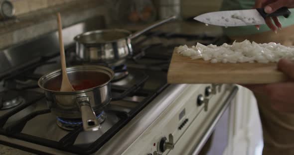 Hands of biracial woman cooking, putting vegetables into saucepan alt