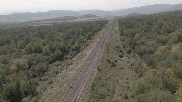 Aerial view of empty Railway lines in Samtskhe-Javakheti region of Georgia. alt