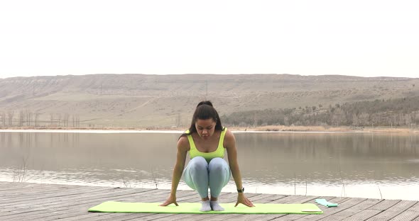 Athletic young woman standing in plank exercising. alt