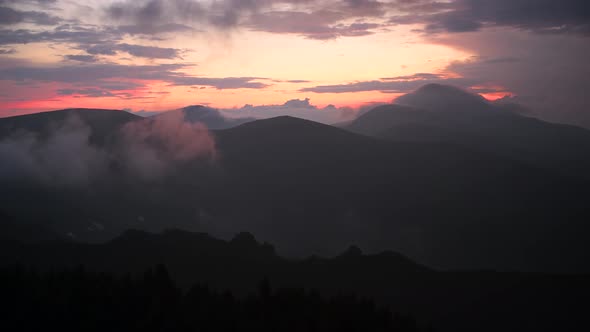 Beautiful Purple Sunset Over Evening Mountains