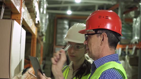 An Elderly Mentor and a Young Female Storekeeper Work Together in the Warehouse alt