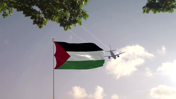 Palestine  Flag With Airplane And City