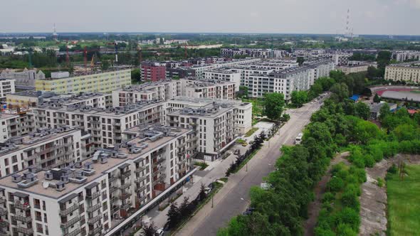 Drone Footage of the New Block Building in the European Town in Summer New Architecture in the City