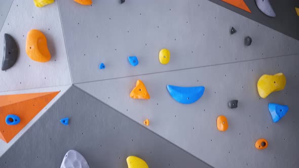 Indoor bouldering wall with colorful climbing holds. Gym indoor extreme training alt