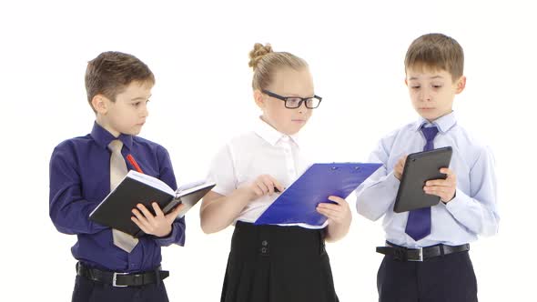 Young Children Office Workers Discuss Important Business Matters. White Studio alt