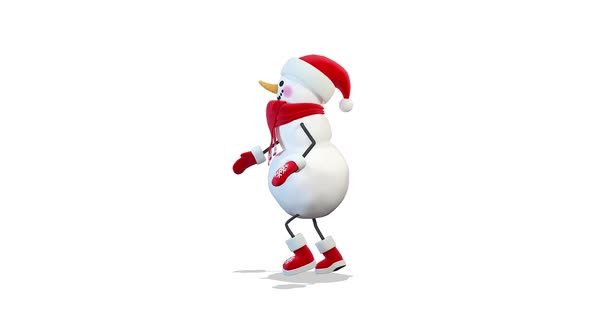 Snowman Walks And Looks Around on White Background alt