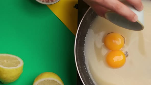 Flat Lay Food Video the Cook Adds Egg Yolks to the Sauce in the Pan  Prores 422