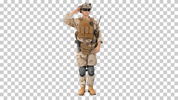 Military soldier in uniform salutes, Alpha Channel alt