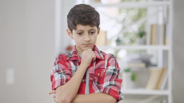 Middle Shot of Concentrated Middle Eastern Boy Thinking and Making I Got an Idea Gesture Standing alt