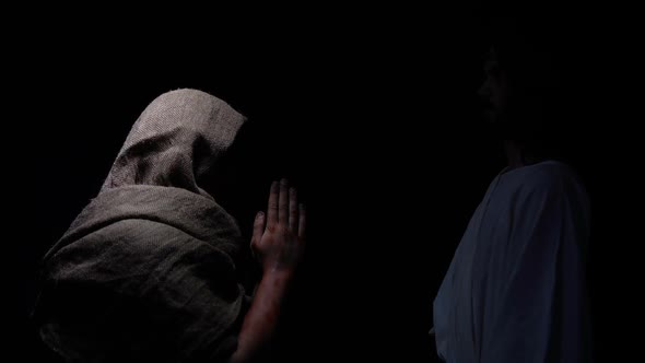 Poor Man Begging Jesus in Crown of Thorns for Mercy, Repenting of Sins, Beggar alt