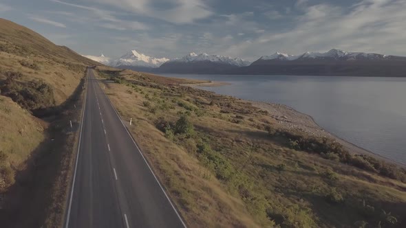 Scenic road to Mt Cook aerial footage