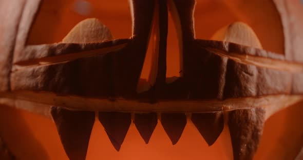 Halloween Pumpkin Face with Candles in It Stands in Dark Windy Forest at Night  60p Prores HQ 10 Bit alt