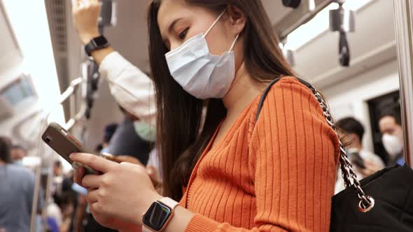 Young asian woman cover mouth , wear medical face mask to protect viruses alt