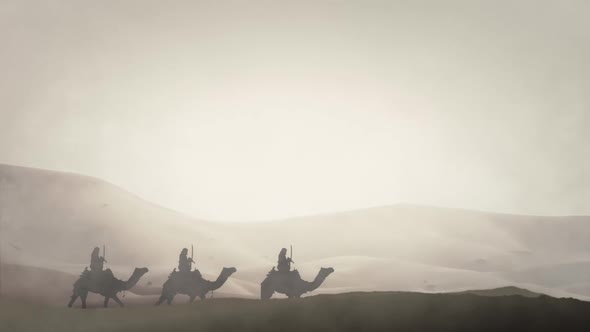 Arabian Warriors In An Arabian Desert Riding Camels alt