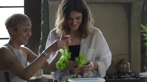 Female Friends Cooking Vegetarian Meals in Kitchen alt