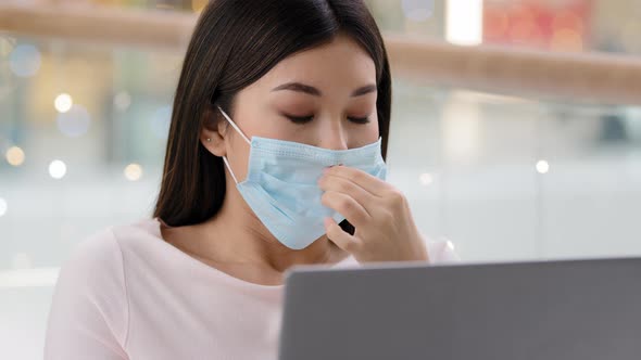 Portrait Sad Asian Business Woman Girl Student Takes Off Medical Face Mask Exhales with Relief Work alt