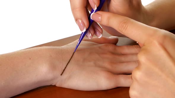 Mehendi Drawing Process on Hand, White alt