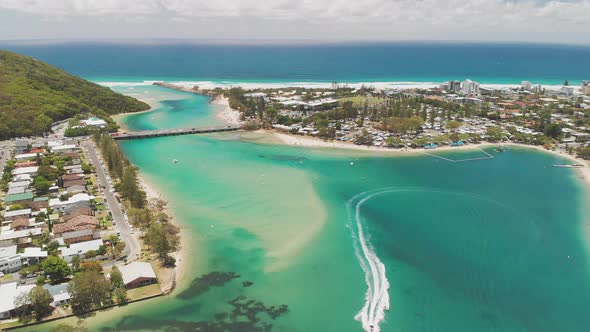 Aerial drone view of Tallebudgera Creek and beach on the Gold Coast, Queensland, Australia alt