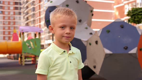 Portrait of a Little Fairhaired Boy on the Playground in the Courtyard alt