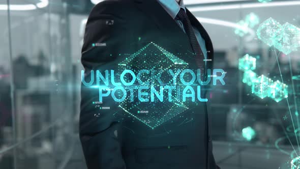 Businessman with Unlock Your Potential Hologram Concept alt