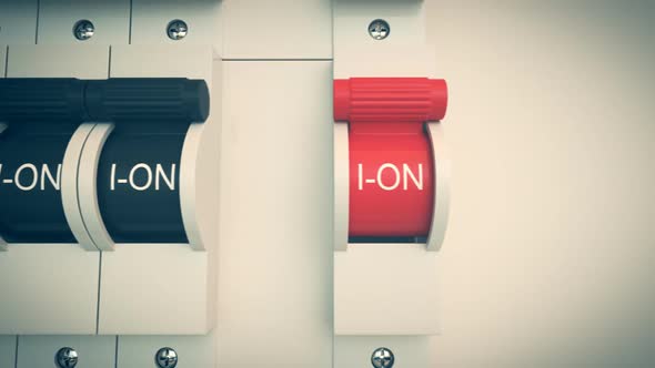 Trip Switch Fuse box. Switches, lights turned off. Electricity Power Circuit alt