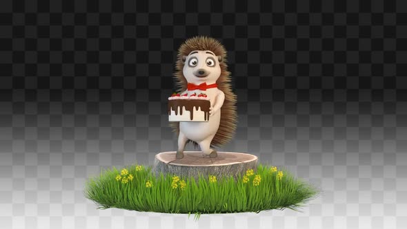 Hedgehog Congratulates And Dances With A Cake On A Stump alt