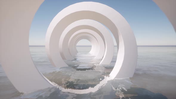 Modern White Spiral Tunnel Corridor on Sea Blue Water alt