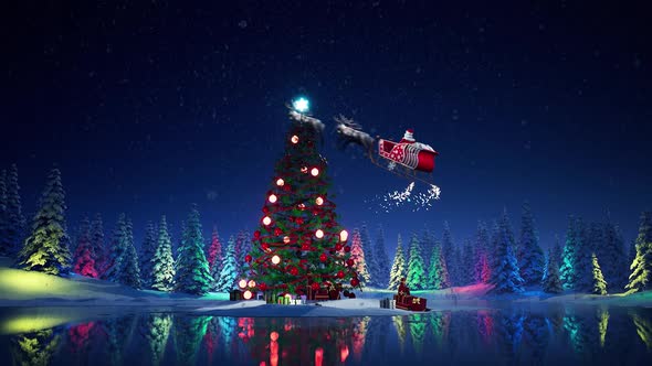 Santa Riding Sleigh Around Christmas Tree HD