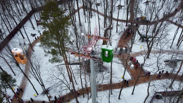 Kharkiv aerial. Cableway cabins in winter park