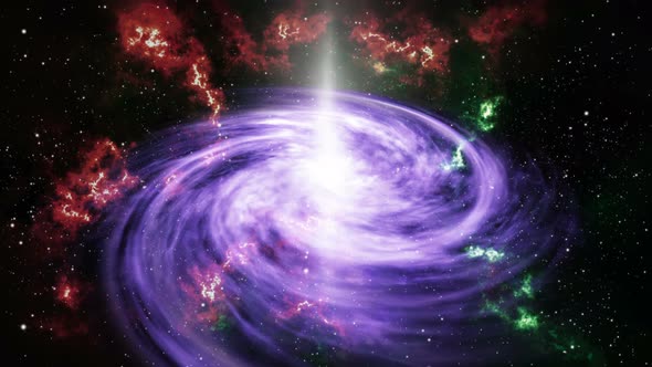 Violet spiral galaxy on star starlight red and green particle motion background alt