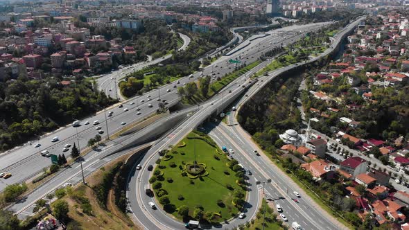 Aerial view of busy highway with car traffic in Istanbul, Turkey