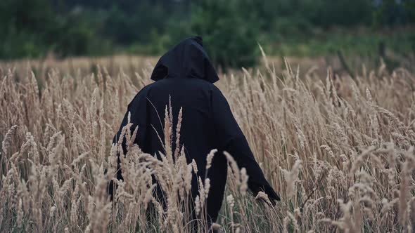 Scary witch evil outdoors. Back view on scary ghost in black robe and hood alt