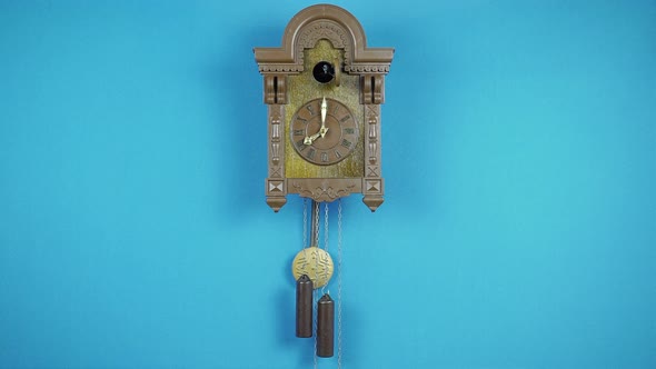 Retro Clock With A Cuckoo Of The Times Of The Ussr On A Blue Background. 