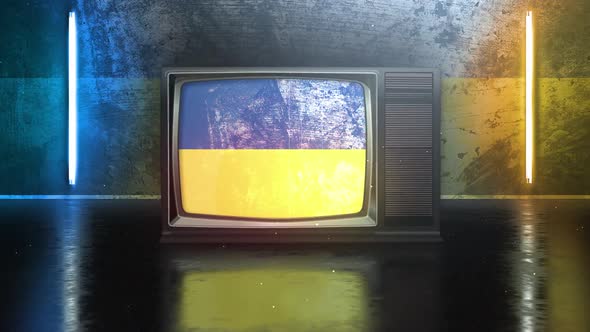 3d neon room. Flag of Ukraine in television