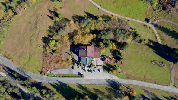 Drone Flight Over Hotel By Klammsee Reservoir In Autumn alt