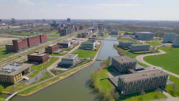 Aerial view over office buildings in Utrecht, Netherlands alt