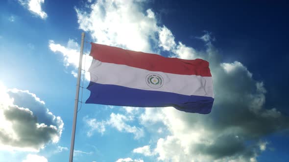 Flag of Paraguay Waving at Wind Against Beautiful Blue Sky alt