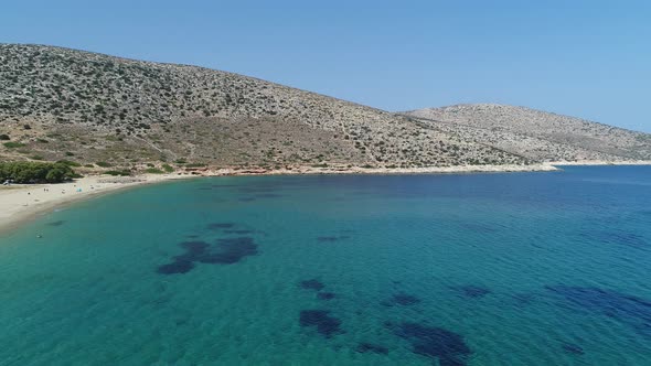 Mylopotas on the island of Ios in the Cyclades in Greece seen from the sky alt