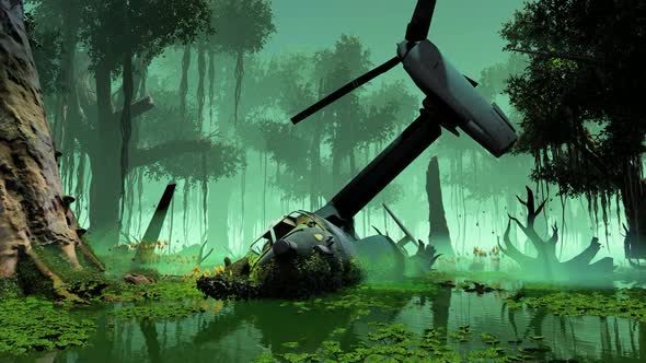 Ruined Military Helicopter In The Jungle