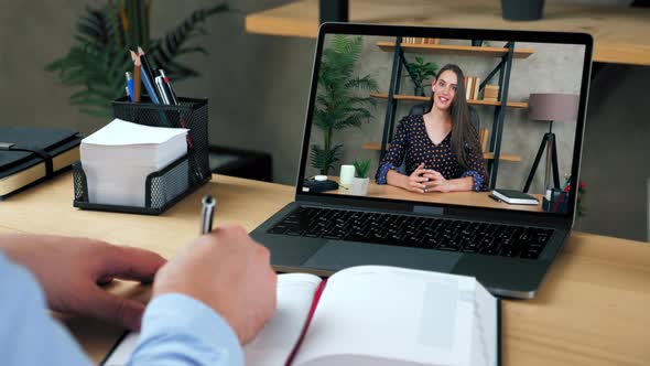 Smart beautiful woman tutor in laptop screen talk speak teaches by remote webcam alt