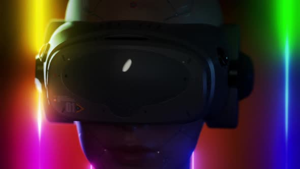 portrait of a girl in a VR helmet front view alt