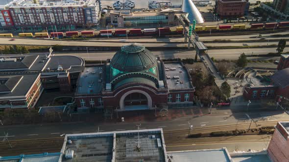 Circling above Union Station along Pacific Avenue, Tacoma Washington, aerial hyper-lapse alt