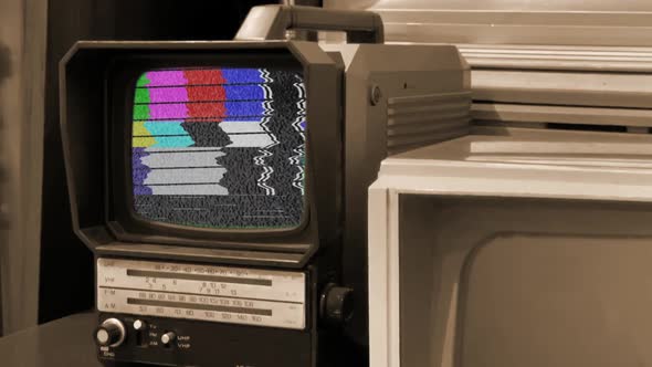 Old Monitor Turning On Test Pattern Signal. Sepia Tone. 