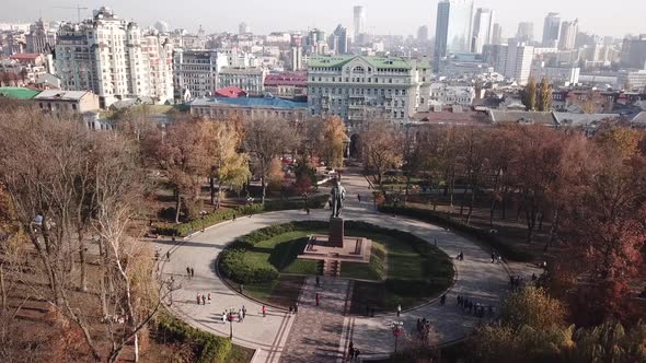 Aerial View to Monument of Taras Shevchenko at Kyiv Park