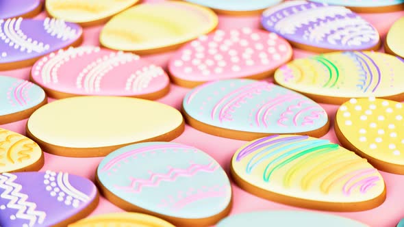 Delicious multicolour cookies in Easter eggs shapes. Happy Easter. Pastries alt