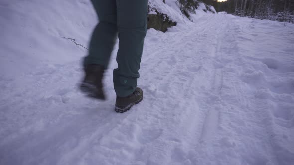 Woman Walking Down A Road In The Snowy Winter Forest - tilt up shot alt