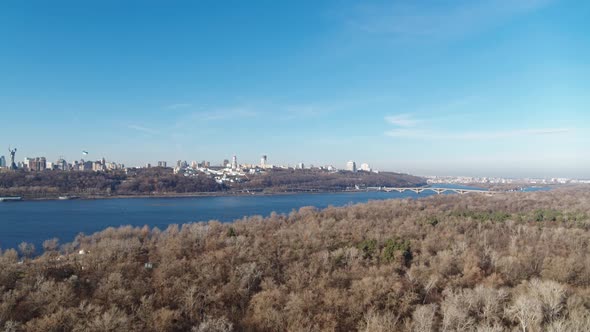 Aerial View From Rusanovka Island to the Right Bank of the Historical Capital of the City Kiev